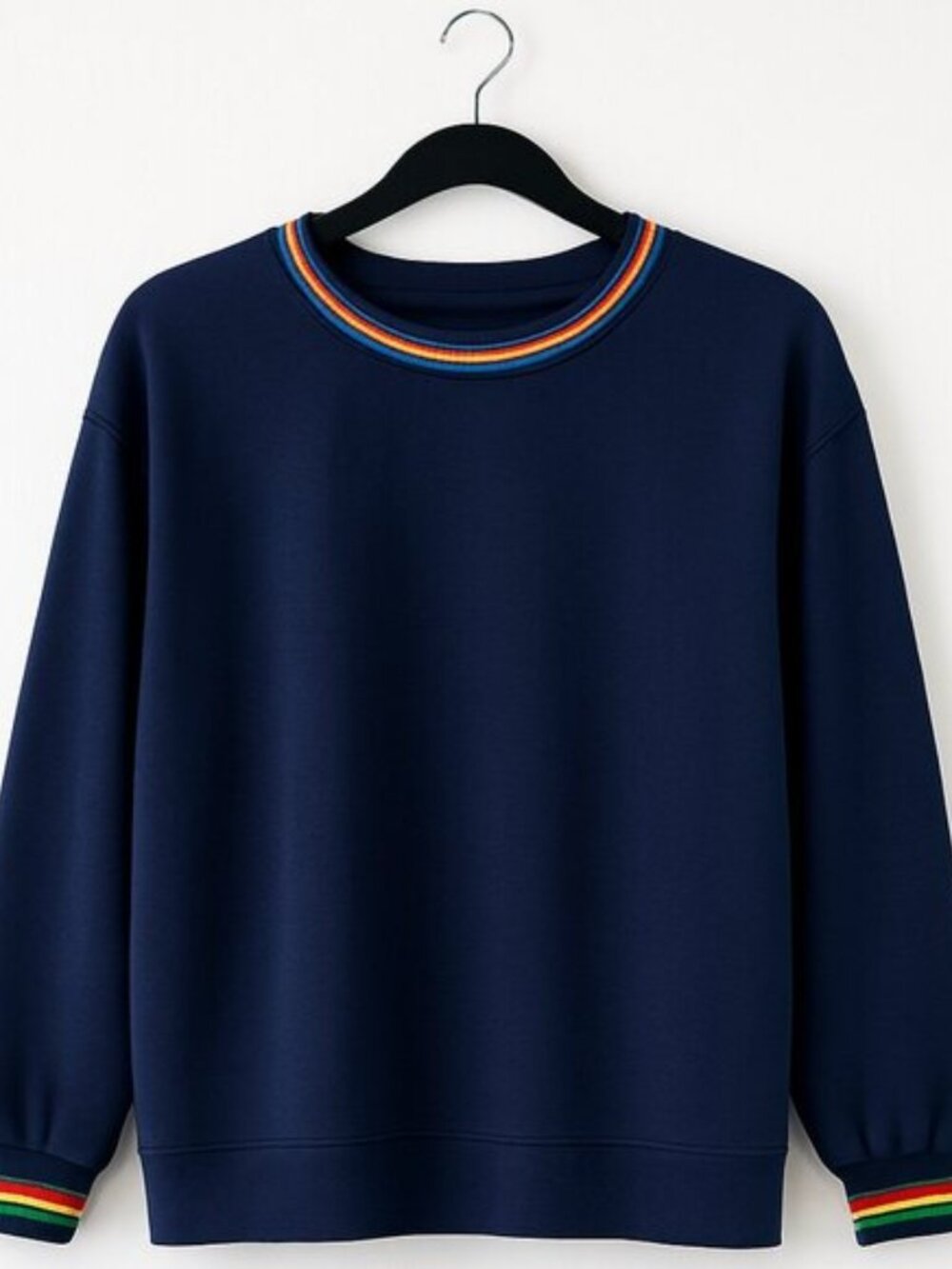 Womens Sweater Crewneck Long Sleeve Rainbow Striped Plain Fuzzy Sweatshirt